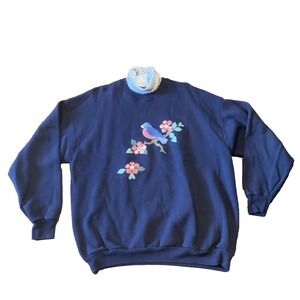 VTG Women's Sweatshirt Navy Bird Flower Appliqué XL Cottage Core Grandma EUC